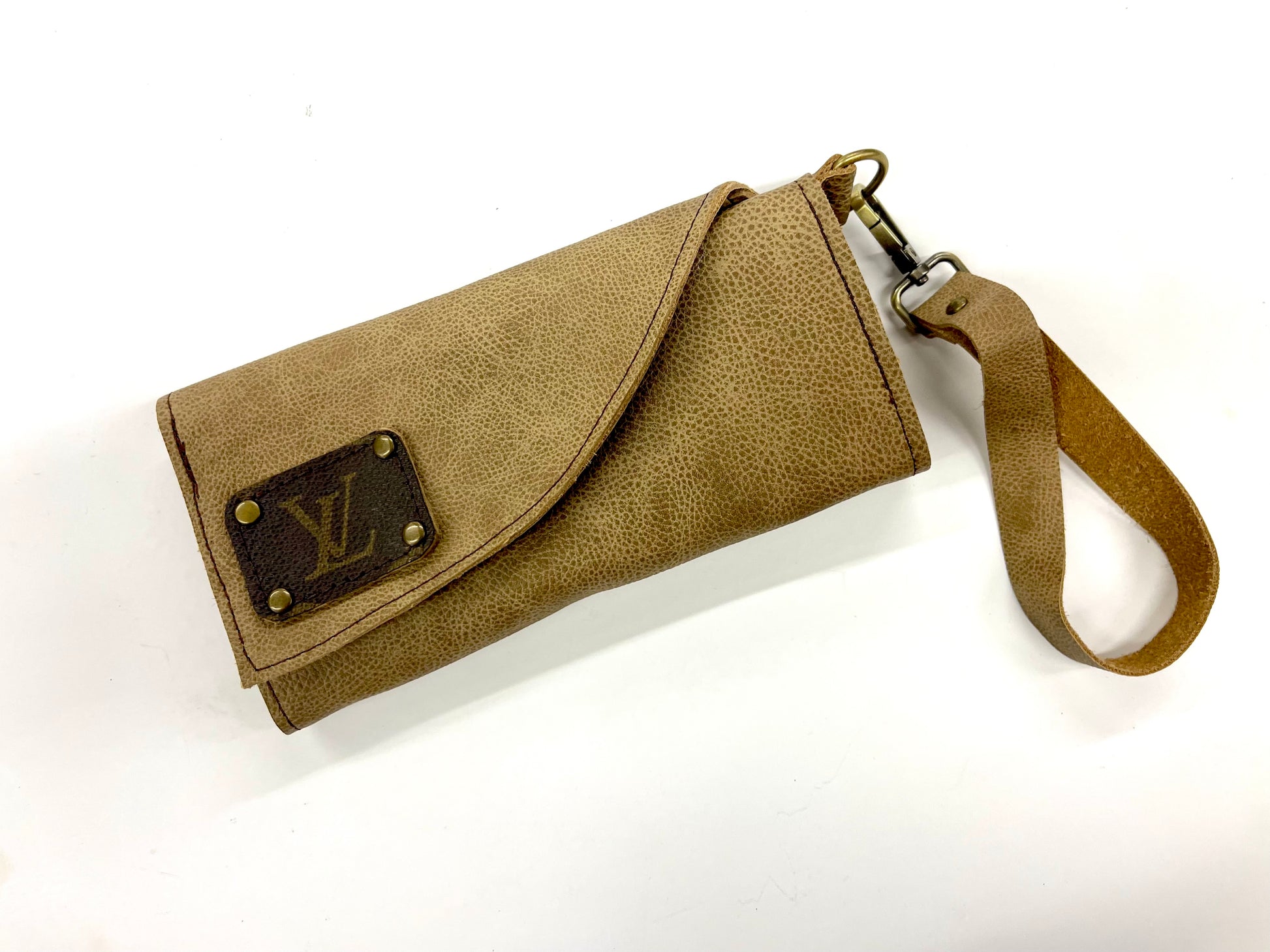 Tri Fold Wristlet Wallet, Solid Color Options -Holds large phone too - Patches Of Upcycling No Fringe / Smooth Camel Hide Handbags Patches Of Upcycling