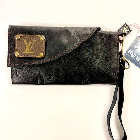 Tri Fold Wristlet Wallet, Solid Color Options -Holds large phone too - Patches Of Upcycling No Fringe / Smooth Black Handbags Patches Of Upcycling