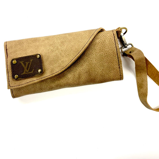 Tri Fold Wristlet Wallet, Solid Color Options -Holds large phone too - Patches Of Upcycling Yes Fringe / Smooth Camel Hide Handbags Patches Of Upcycling