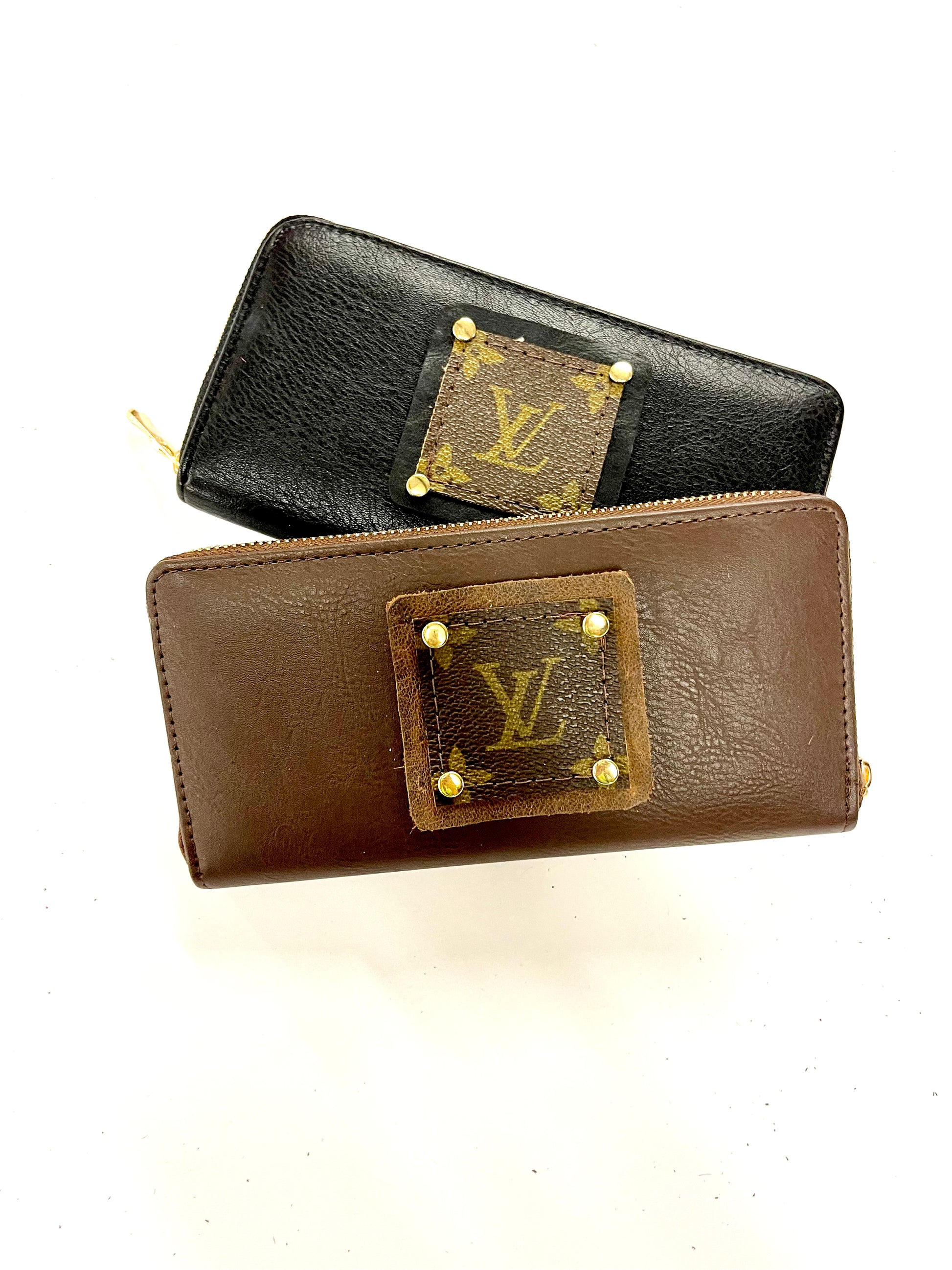 Single Wallet in Brown (brown patch, gold hardware) - Patches Of Upcycling