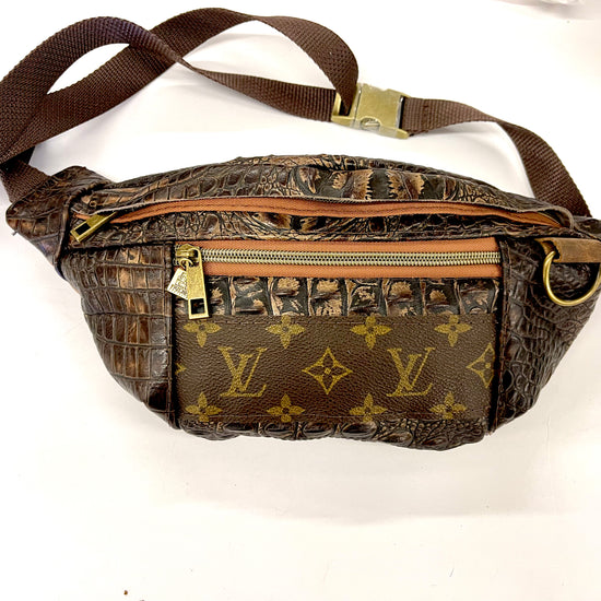 Bum Bag Strip or PATCH LV Embossed Leather Colors - Patches Of Upcycling Embossed Brown Croc / Strip of Lv (2 Lv) Patches Of Upcycling