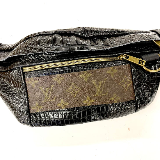 Bum Bag Strip or PATCH LV Embossed Leather Colors - Patches Of Upcycling Embossed Black Croc / Strip of Lv (2 Lv) Patches Of Upcycling