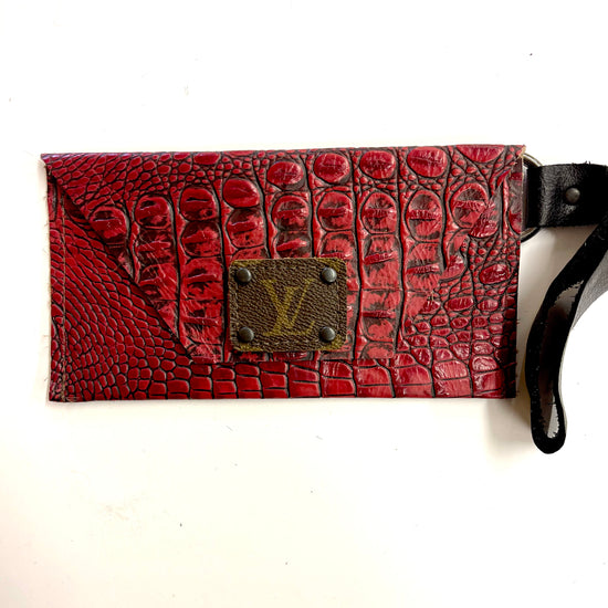 Embossed Red Croc Hide Petite Snap Wristlet - Patches Of Upcycling