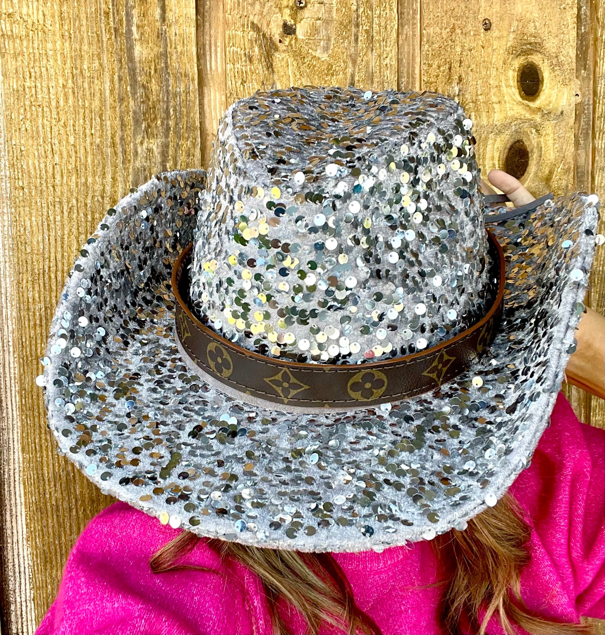 Silver Sequin Cowgirl Hat with flourish hat belt - Patches Of Upcycling