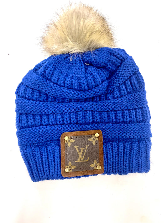 Royal Blue Beanie with brown patch antique hardware - Patches Of Upcycling