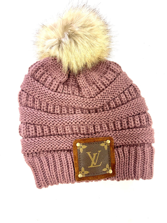 Plum Beanie with brown patch antique hardware - Patches Of Upcycling