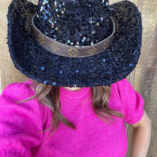 Black Sequin Cowgirl Hat with flourish hat belt - Patches Of Upcycling