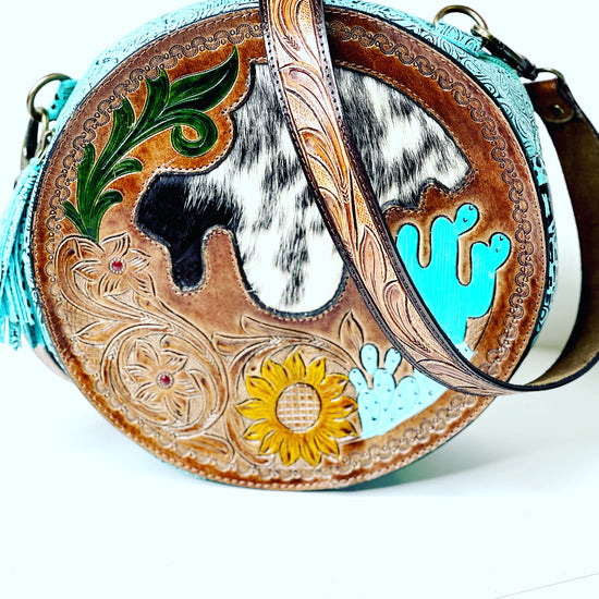 Tooled Crossbody - Cactus in turquoise - Patches Of Upcycling