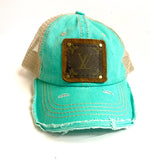 SS7- Tiffany/Aqua Blue w/Cream mesh backing, Full Distressed Brim, Brown/Gold