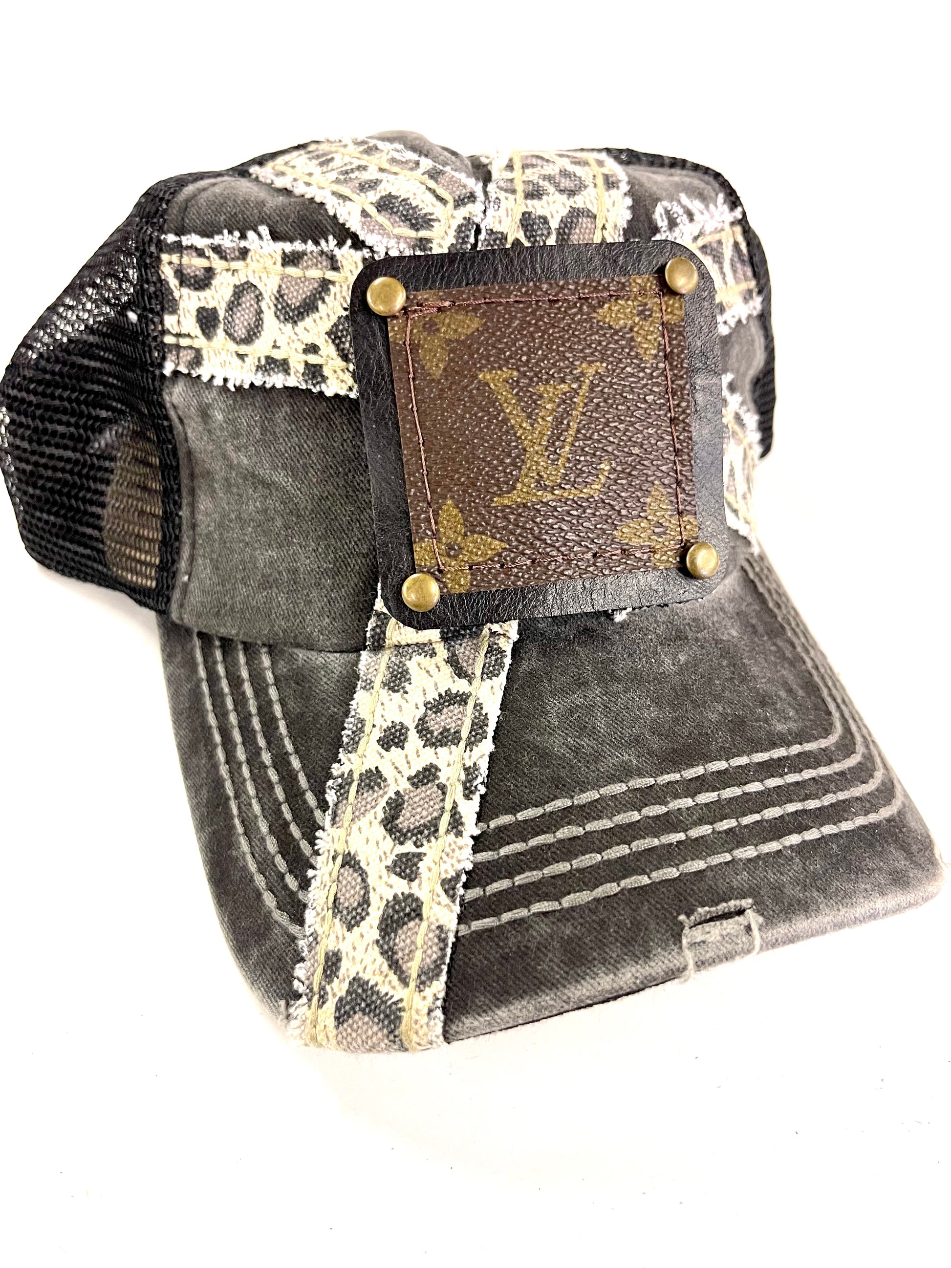 AAA2 Patched Cream Leopard, Black Mesh back Black/Antique - Patches Of Upcycling