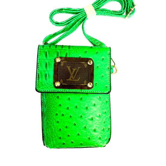 Phone Crossbody Neon Croc (short brown patch, gold hardware) - Patches Of Upcycling