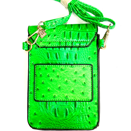 Phone Crossbody Neon Croc (short brown patch, gold hardware) - Patches Of Upcycling