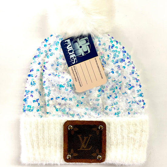 Sequin White/Iridescent Beanie with LV patch in Brown/Silver - Patches Of Upcycling