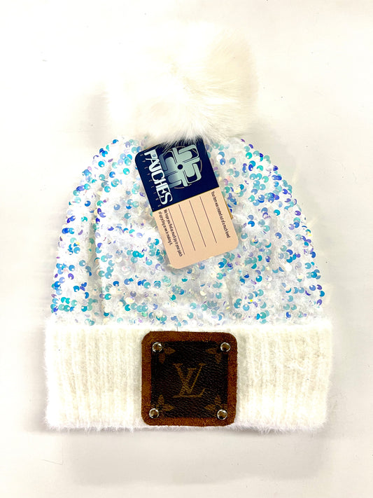 Sequin White/Iridescent Beanie with LV patch in Brown/Silver - Patches Of Upcycling
