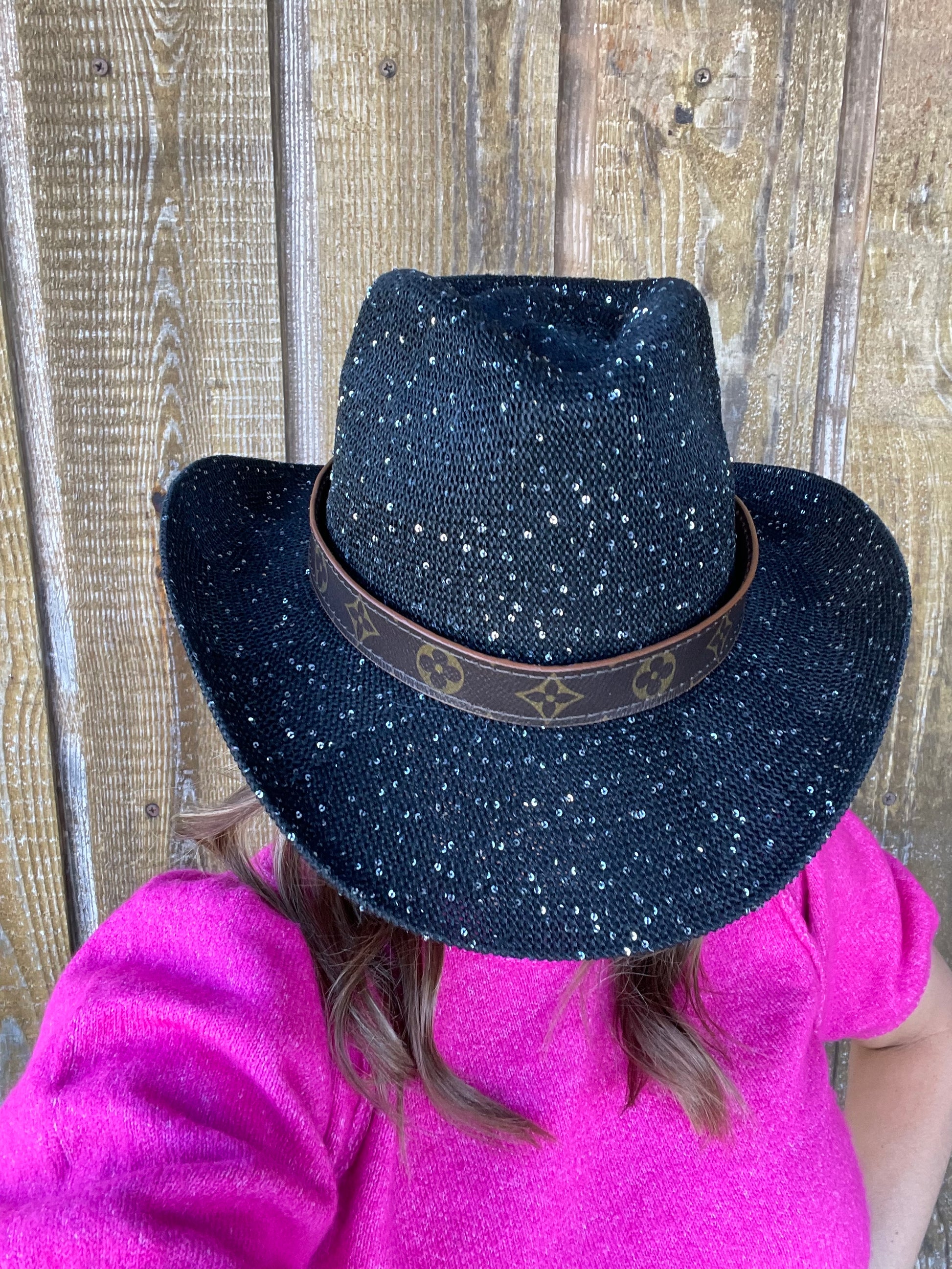 Black Sparkle Cowgirl Hat with flourish hat belt UPF 50+ sun protection - Patches Of Upcycling