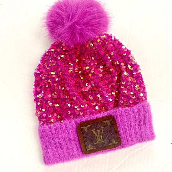 Hot Pink Sequin Beanie with Short brown patch antique hardware - Patches Of Upcycling