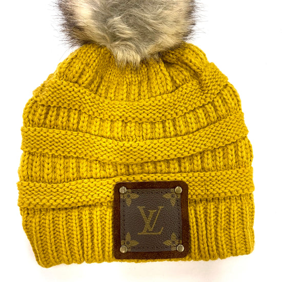 Mustard Beanie with brown patch antique hardware - Patches Of Upcycling