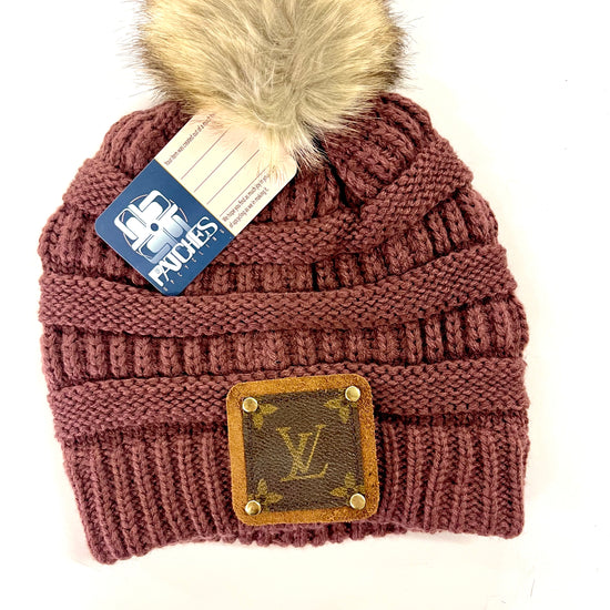 Wine Beanie with brown patch antique hardware - Patches Of Upcycling