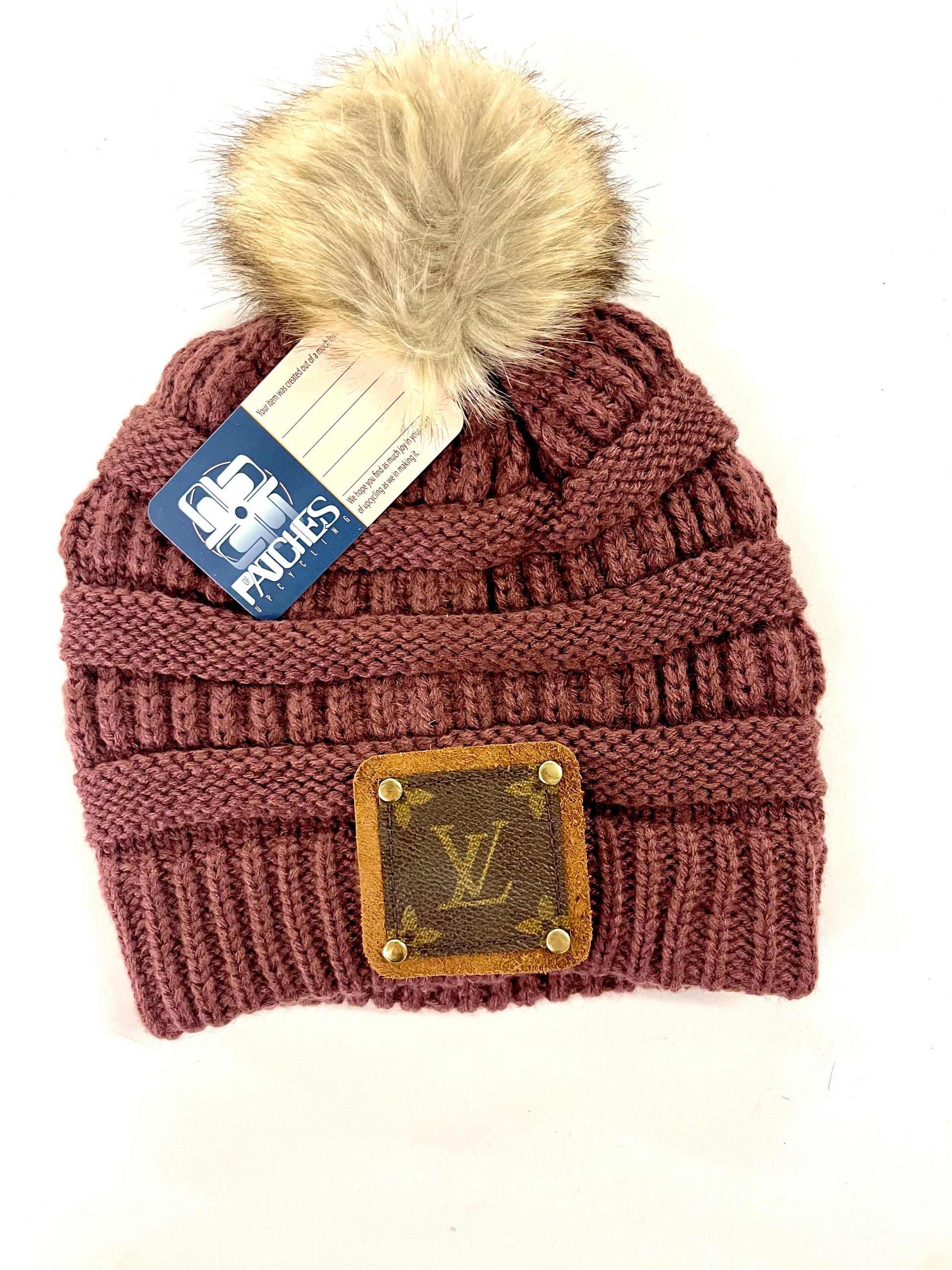 Wine Beanie with brown patch antique hardware - Patches Of Upcycling