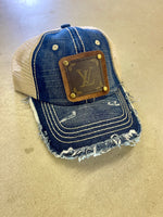 SS5 - New Denim Hat with Full Distressed Brim, Cream Back Brown/Antique