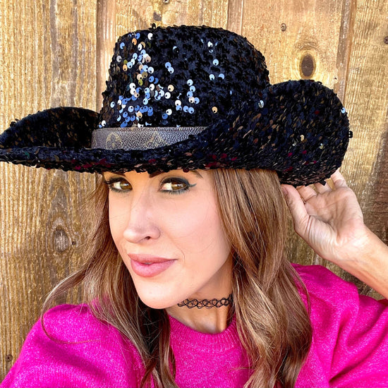 Black Sequin Cowgirl Hat with flourish hat belt - Patches Of Upcycling