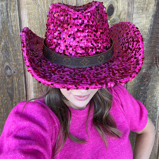 Pink Sequin Cowgirl Hat with flourish hat belt - Patches Of Upcycling