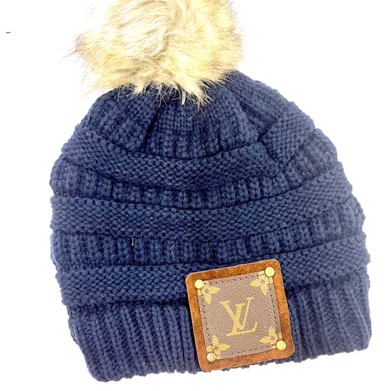 Navy Beanie with brown patch antique hardware - Patches Of Upcycling