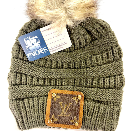 Olive Green Beanie with brown patch antique hardware - Patches Of Upcycling LV Hats Patches Of Upcycling