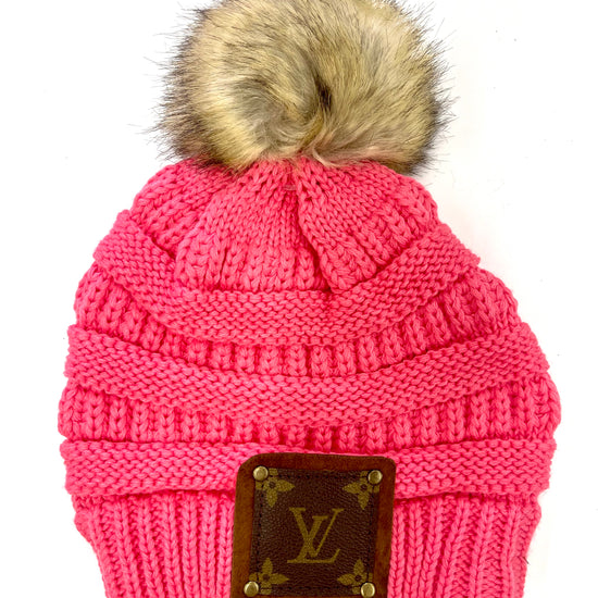 Bubblegum Pink Beanie with brown patch antique hardware - Patches Of Upcycling