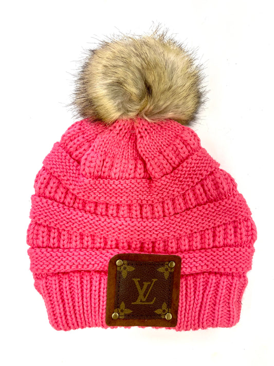 Bubblegum Pink Beanie with brown patch antique hardware - Patches Of Upcycling