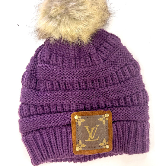 Purple Beanie with brown patch antique hardware - Patches Of Upcycling