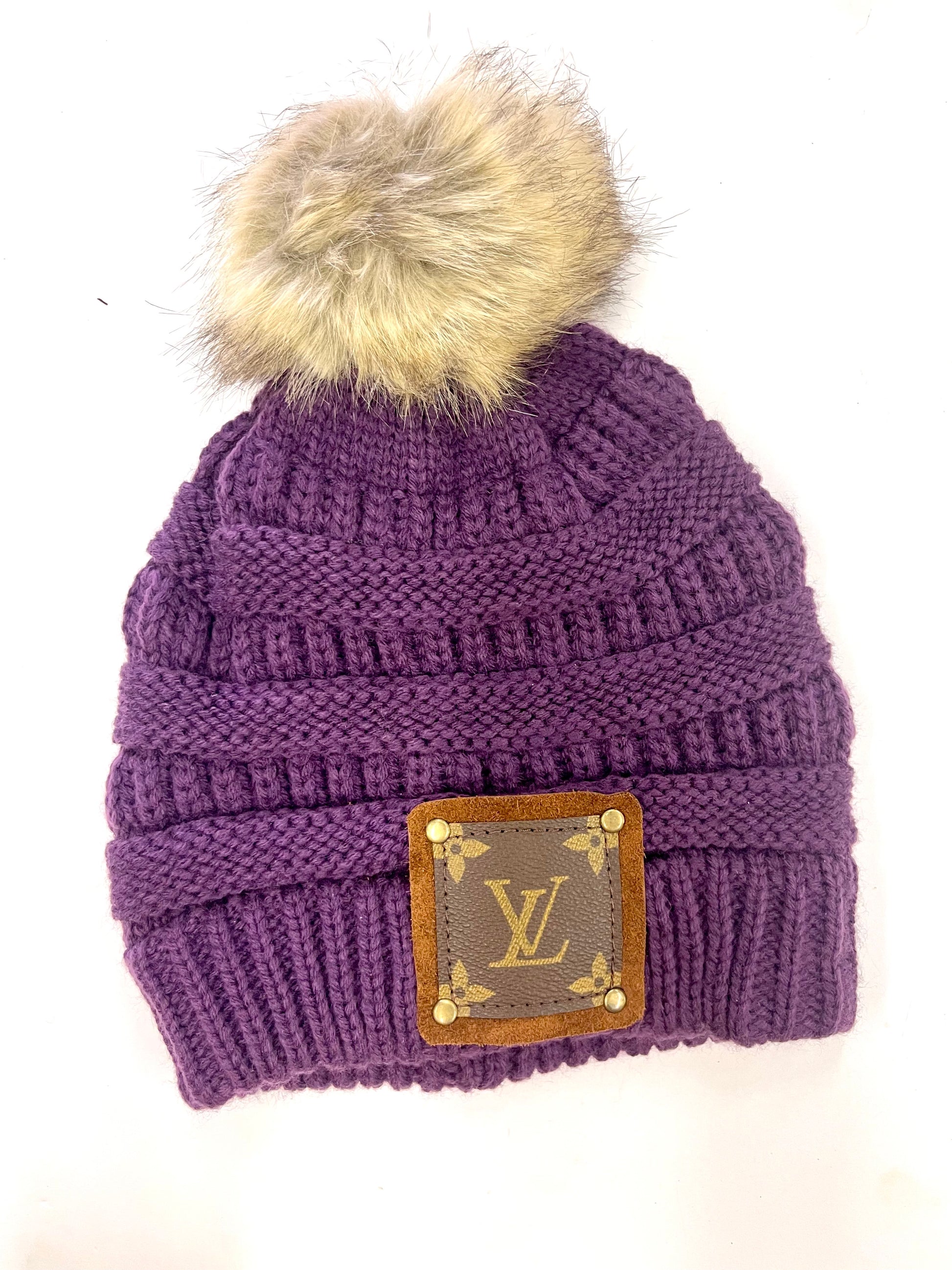 Purple Beanie with brown patch antique hardware - Patches Of Upcycling