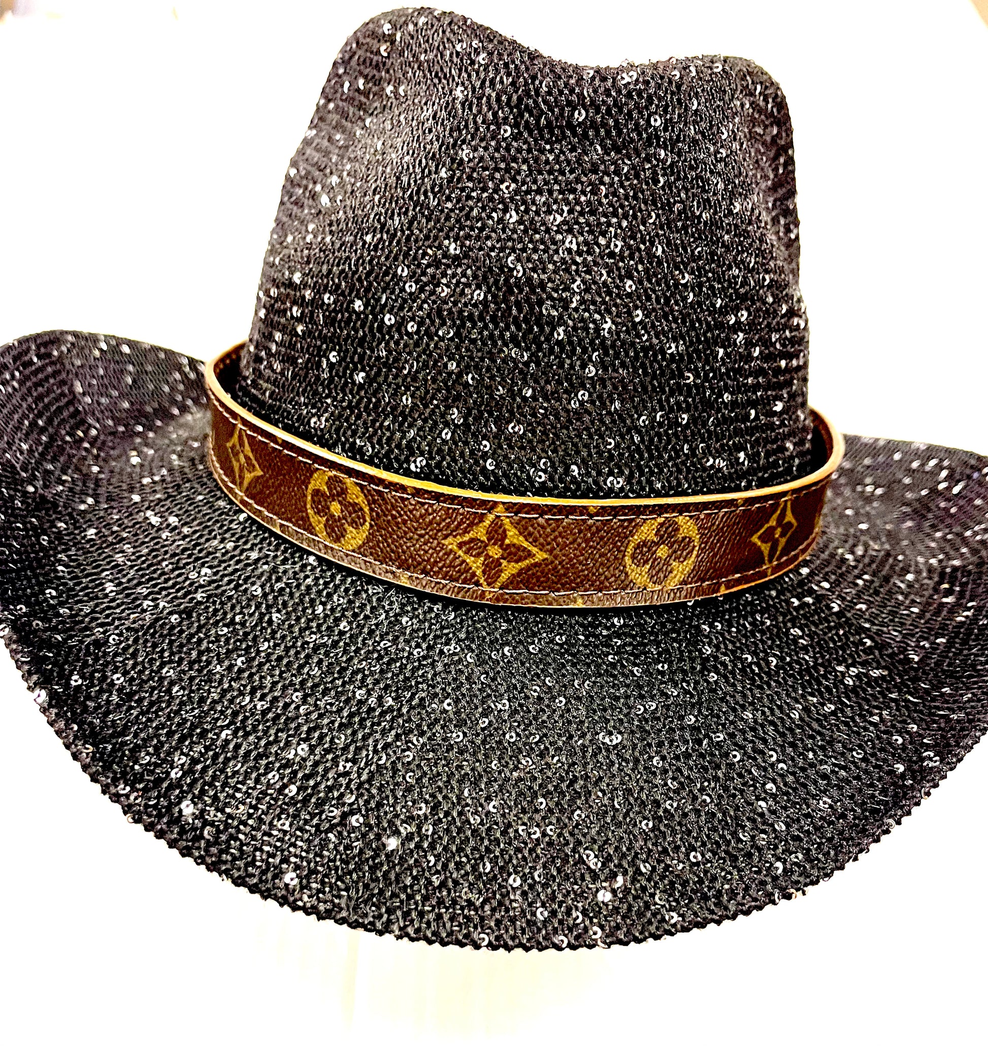 Black Sparkle Cowgirl Hat with flourish hat belt UPF 50+ sun protection - Patches Of Upcycling