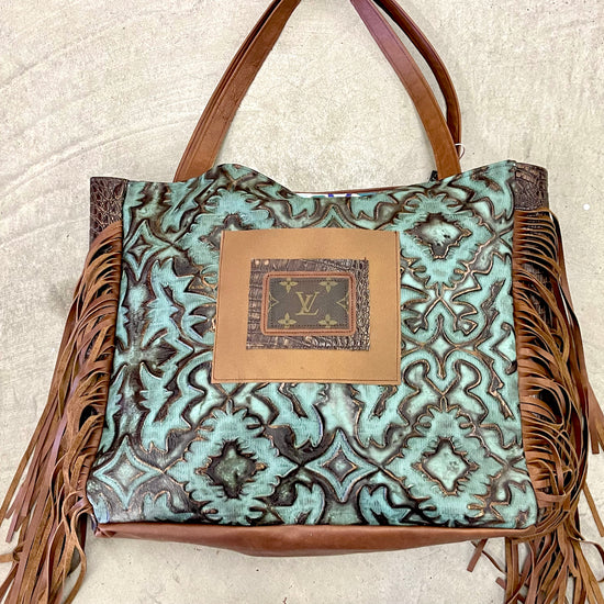 Leather Tote in Iridescent Turquoise with Brown Embossed Crocodile side - Patches Of Upcycling