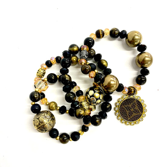 Black and Gold bling Stacked Bracelet set- Gold Clear - Patches Of Upcycling