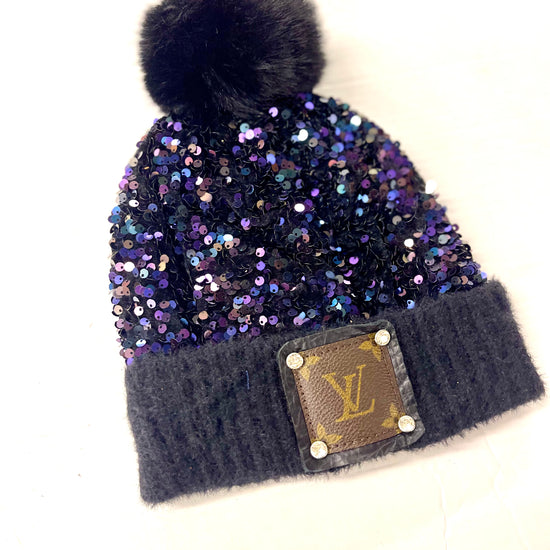 Black Beanie (sequin purple/blue) with black patch rhinestone hardware - Patches Of Upcycling