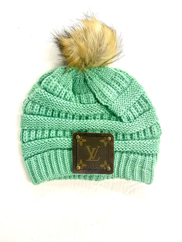 Mint Beanie with brown patch antique hardware - Patches Of Upcycling