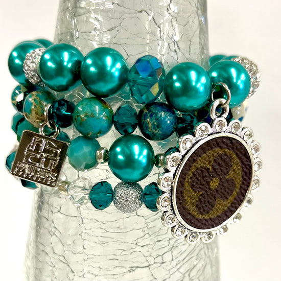 Turquoise bling Stacked Bracelet set- Silver Clear - Patches Of Upcycling
