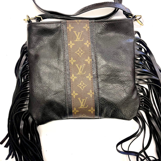 Medium Crossbody black in black shine strip - Patches Of Upcycling Yes fringe Handbags Patches Of Upcycling