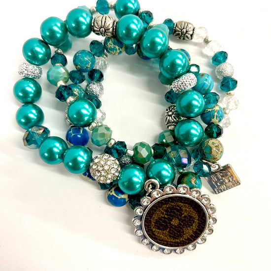Turquoise bling Stacked Bracelet set- Silver Clear - Patches Of Upcycling