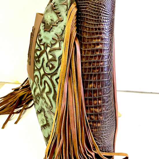 Leather Tote in Iridescent Turquoise with Brown Embossed Crocodile side - Patches Of Upcycling