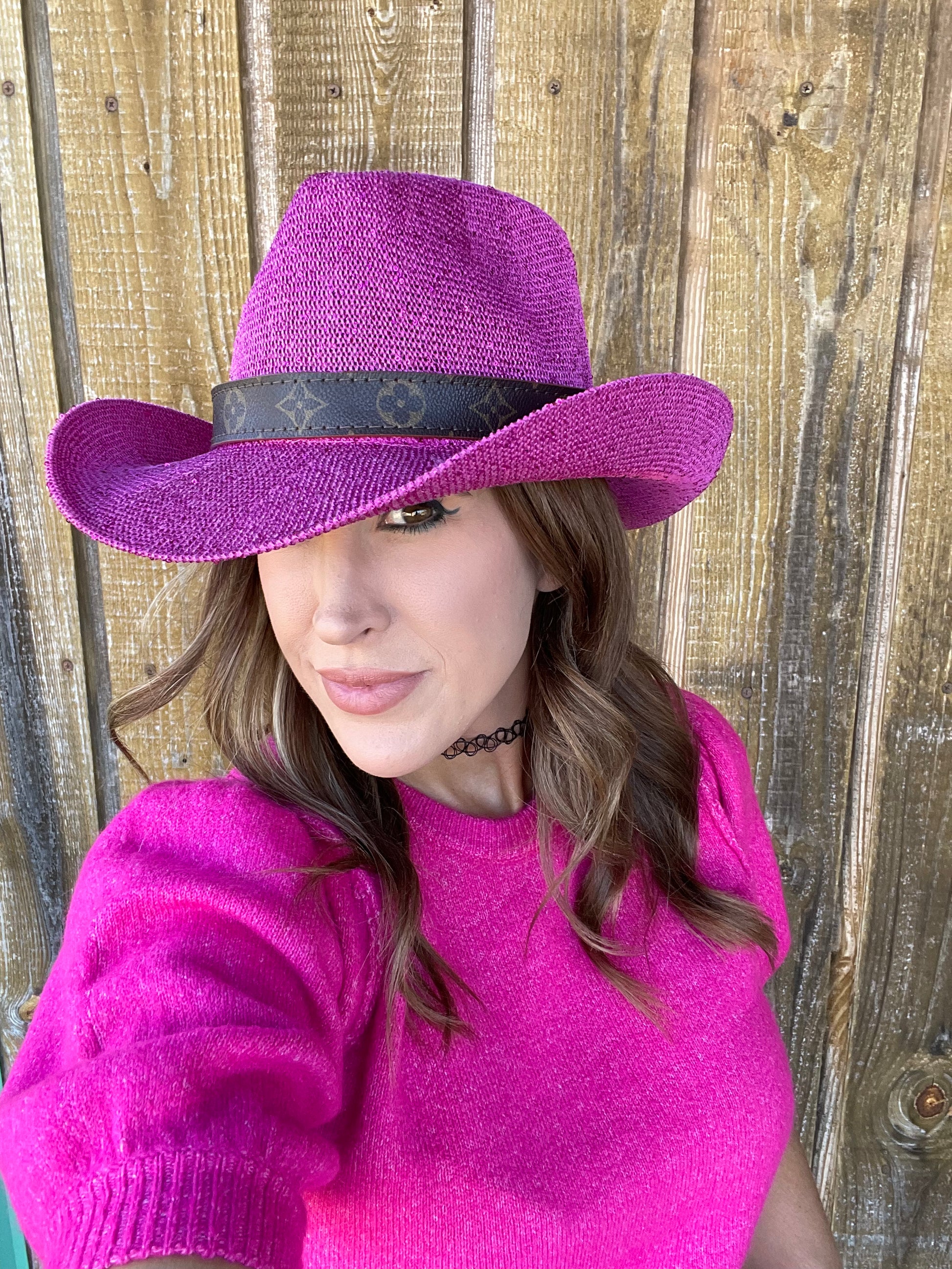 Pink Sparkle Cowgirl Hat with flourish hat belt UPF 50+ sun protection - Patches Of Upcycling