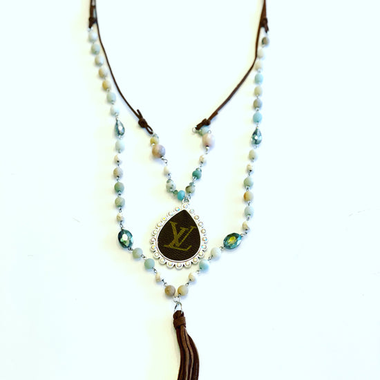 Stone- Double Layer Agate necklace with large Silver teardrop pendant - Patches Of Upcycling