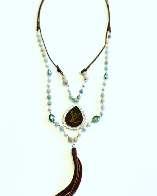 Stone- Double Layer Agate necklace with large Silver teardrop pendant - Patches Of Upcycling