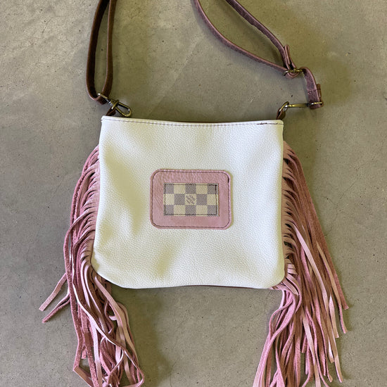 Danielle Medium Crossbody White and Pink Patch- brown backing - Patches Of Upcycling Yes fringe Handbags Patches Of Upcycling