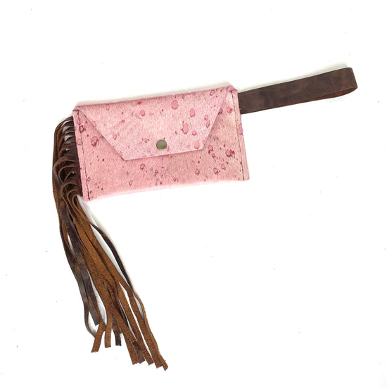 Petite Snap Wristlet with fringe in pink acid wash ( no patch) - Patches Of Upcycling