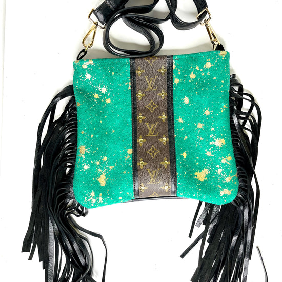 Medium Crossbody - turquoise Green Acid Gold Black strip hardware Gold - Patches Of Upcycling