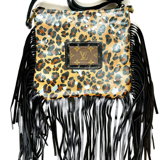 Medium Crossbody, leopard acid silver/blue in black patch hardware- black - Patches Of Upcycling