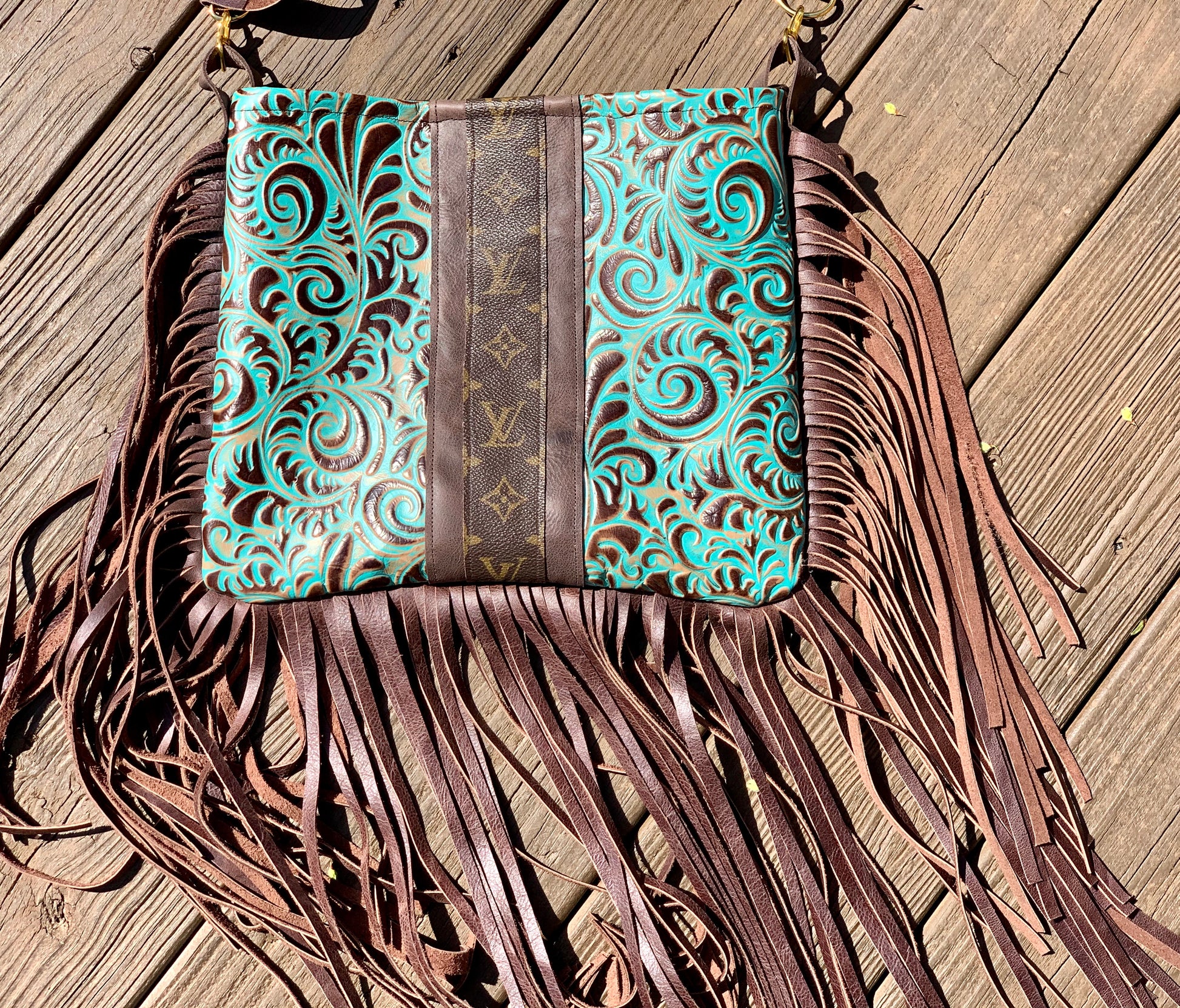 Medium Crossbody - Embossed Ariel Swirl, Brown Strip - Patches Of Upcycling