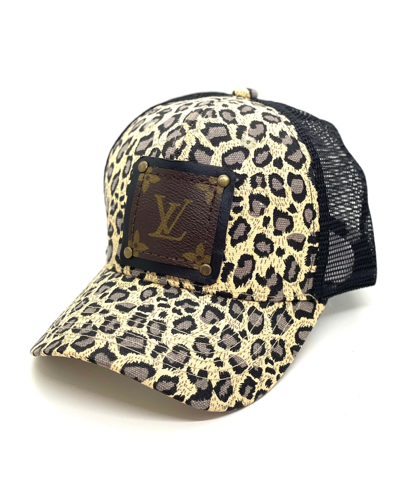 G2 - Cream Leopard Trucker Hat Black Mesh Black/Black - Patches Of Upcycling